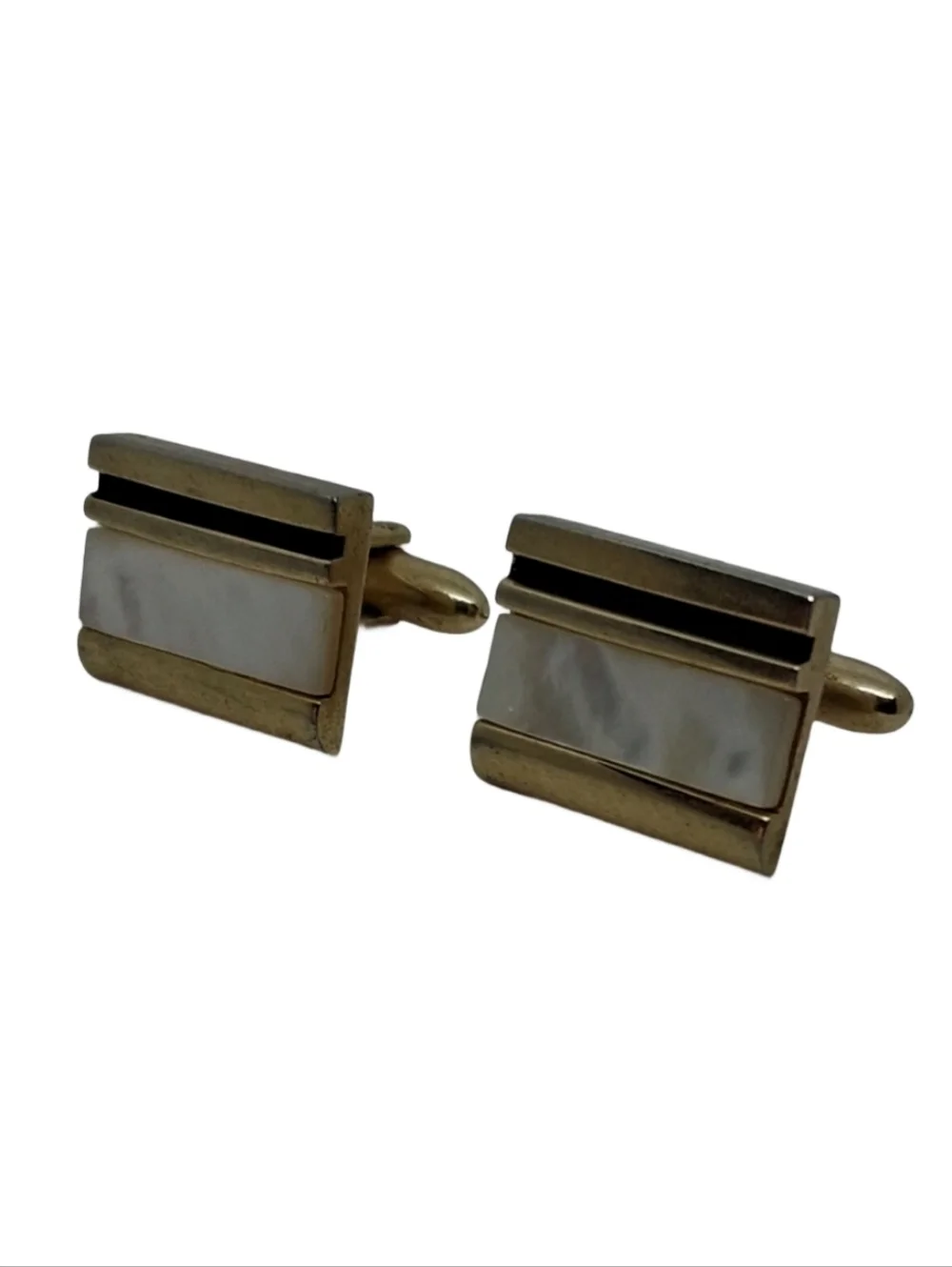 Vintage Mid-Century Gold Tone Mother of Pearl & Onyx Inlay Cufflinks